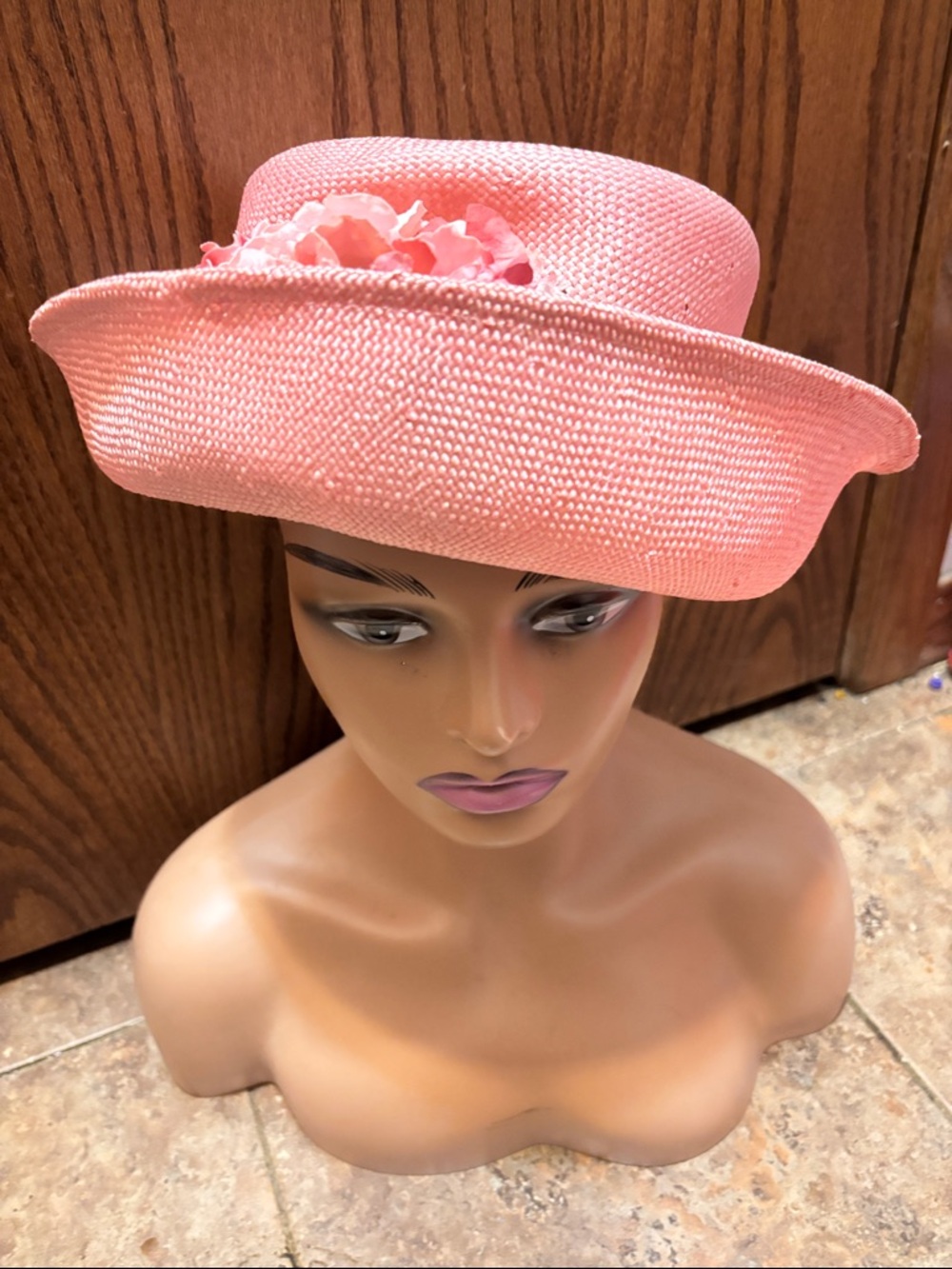 Vintage Pink Straw Cocktail Hat with Floral Trim - Women Accessories